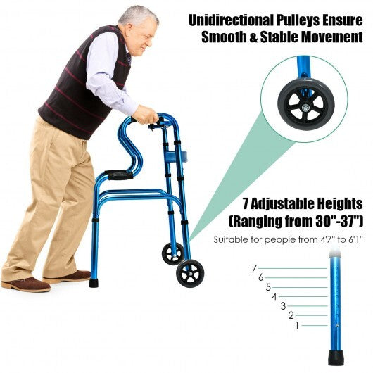 Aluminum Heavy-Duty Folding Wheeled Stand-Assist Walker-Blue - Color: Blue